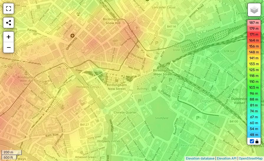 Birmingham elevation map